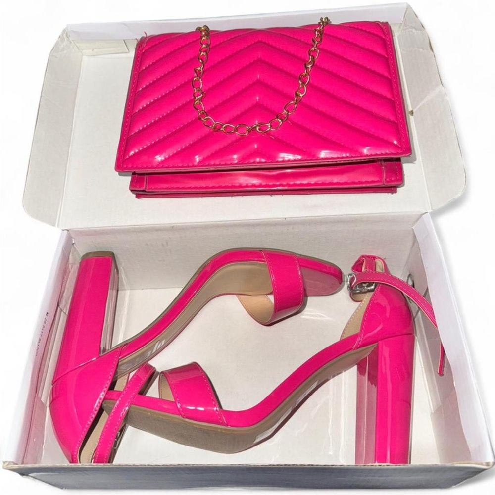 hot pink patent leather heels and purse